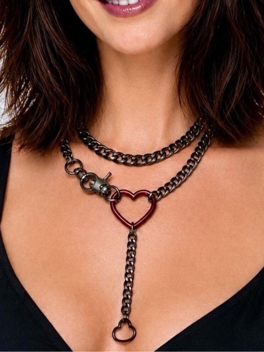 Stainless Steel Black Chain Link Heart Y Necklace Gothic Lariat Choker